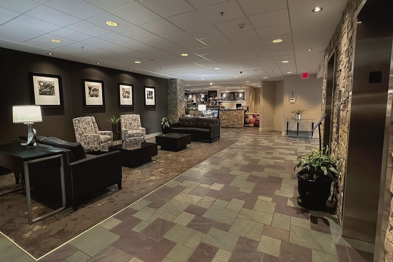 Hotel lobby with chairs, tables