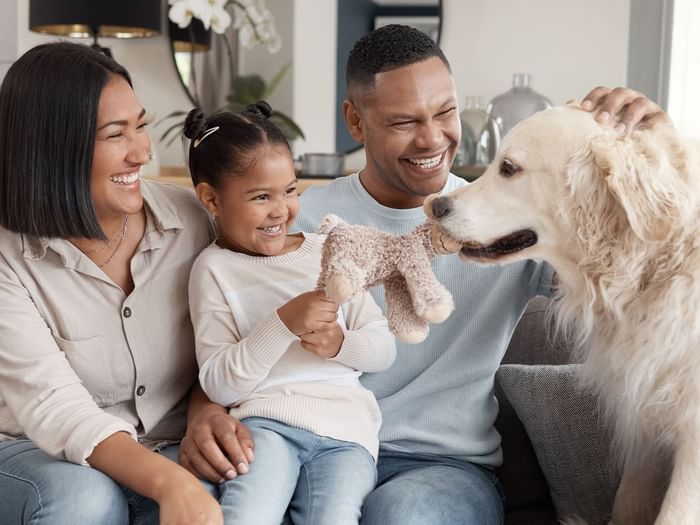 A family smiling and playing with their dog on a couch.