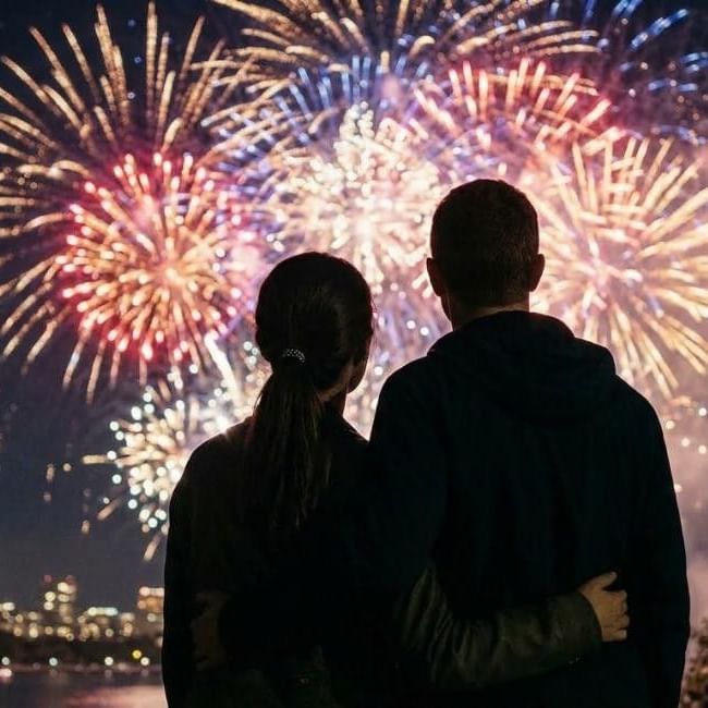 Couple watching fireworks display at night at the Wokingham Fireworks.