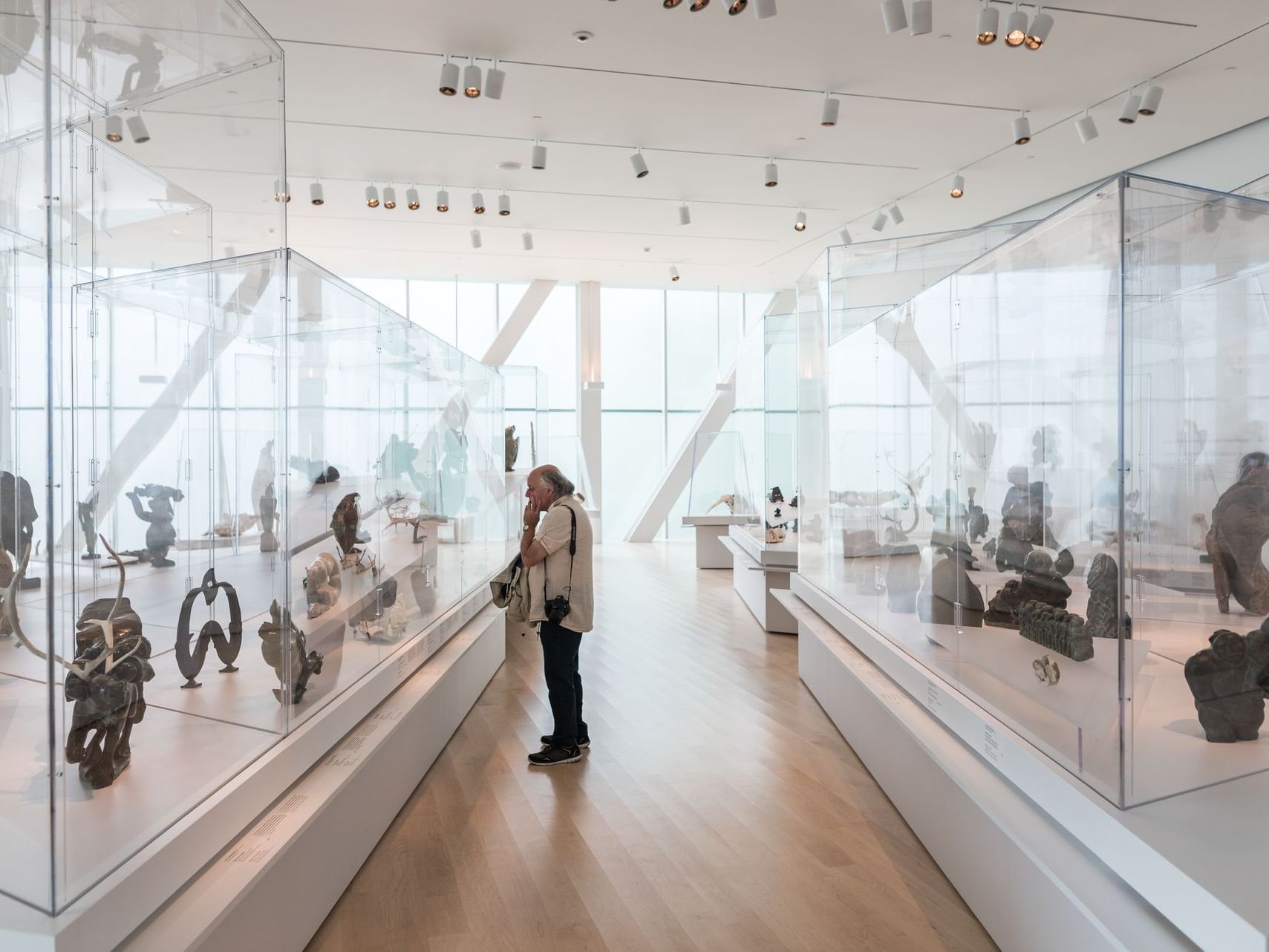 un homme regardant des artefacts dans un musée