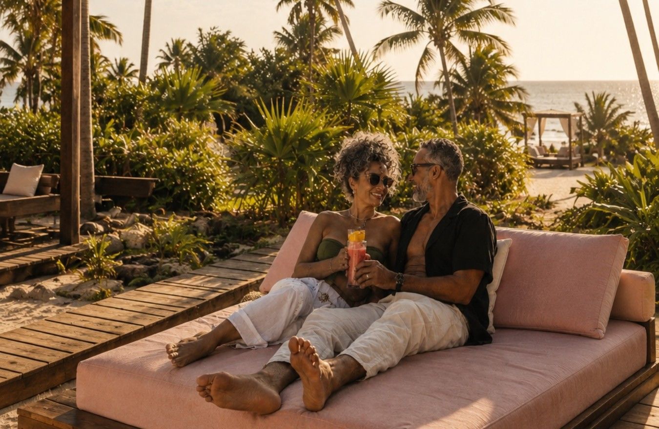 Couple relaxing together with cocktails on an oceanfront daybed at Mi Amor