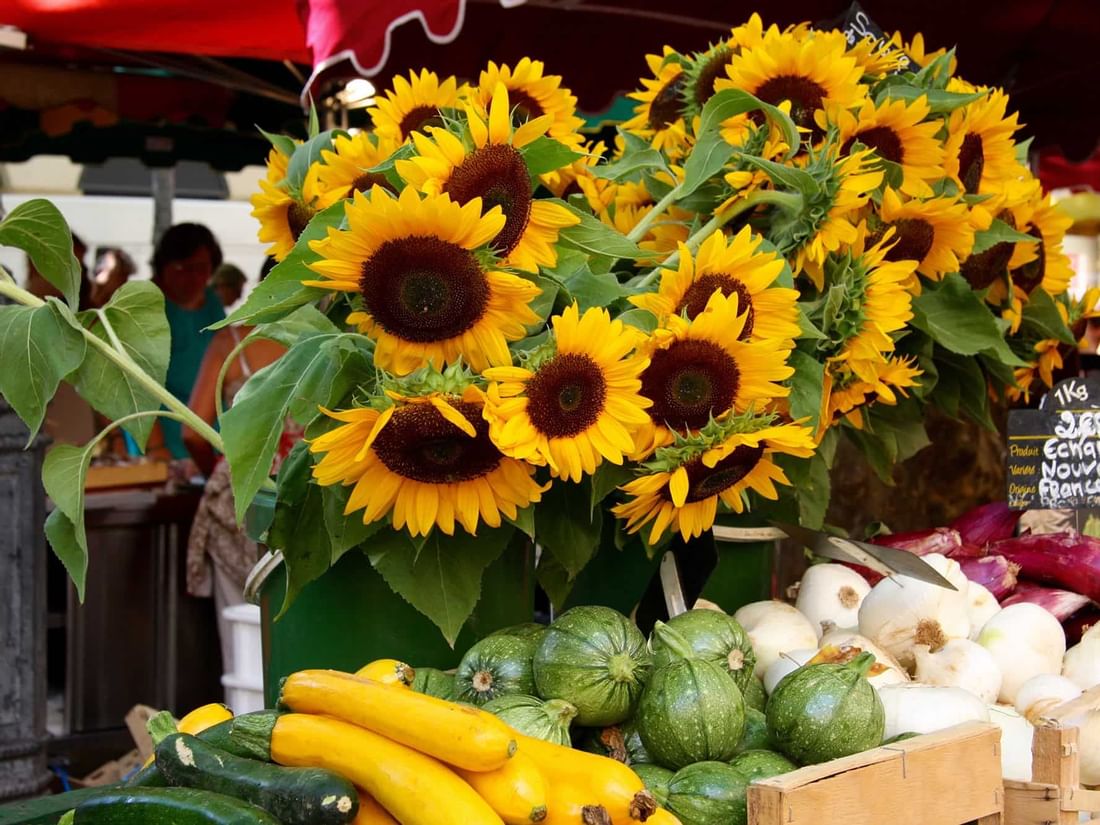 Display of fresh produce including sunflowers, zucchinis, and onions under a market canopy.