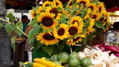 Bouquet de tournesols et légumes frais disposés sur un stand de marché en plein air.
