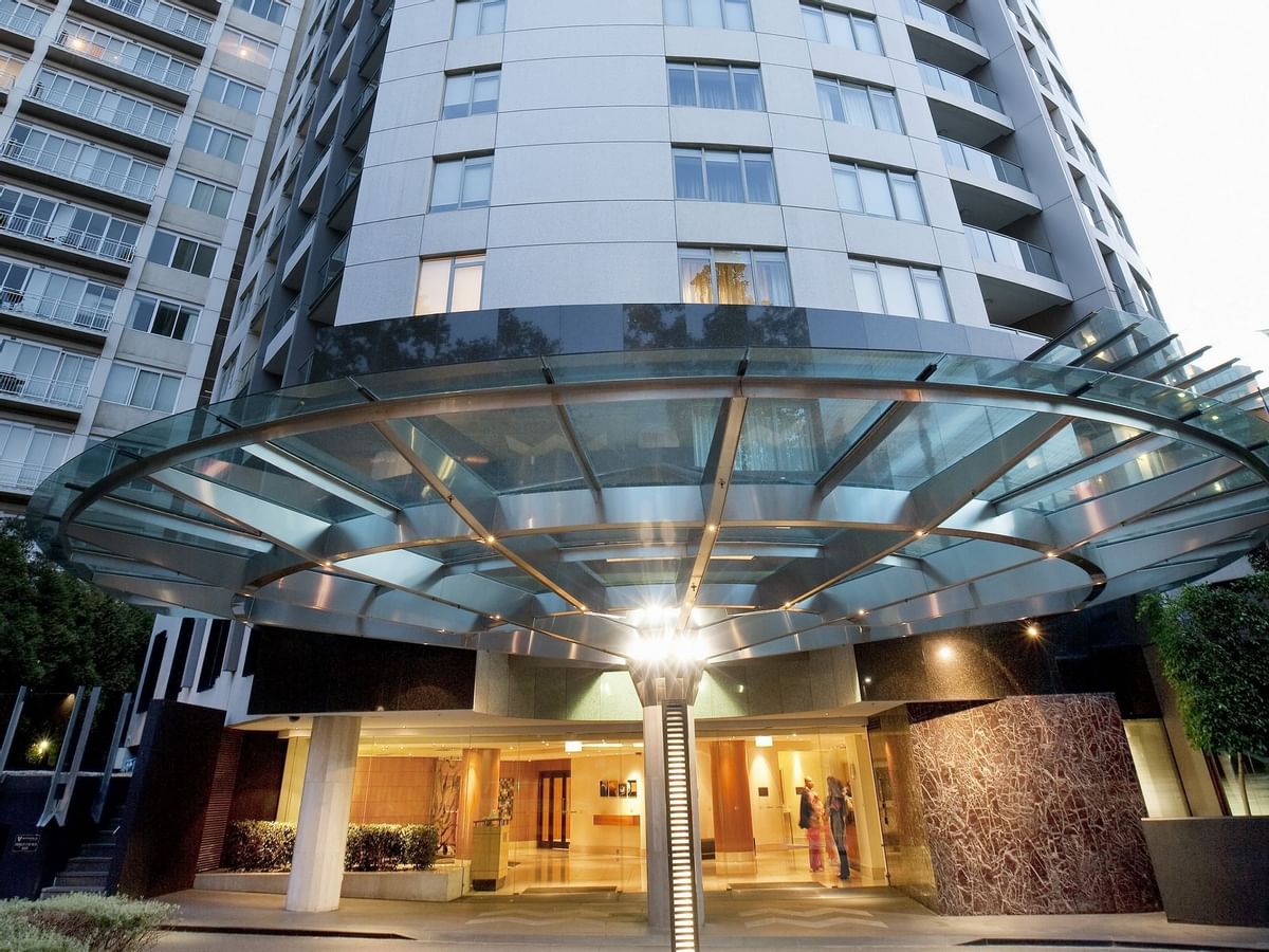 Exterior low angle view of the entrance at Quay West Suites Melbourne