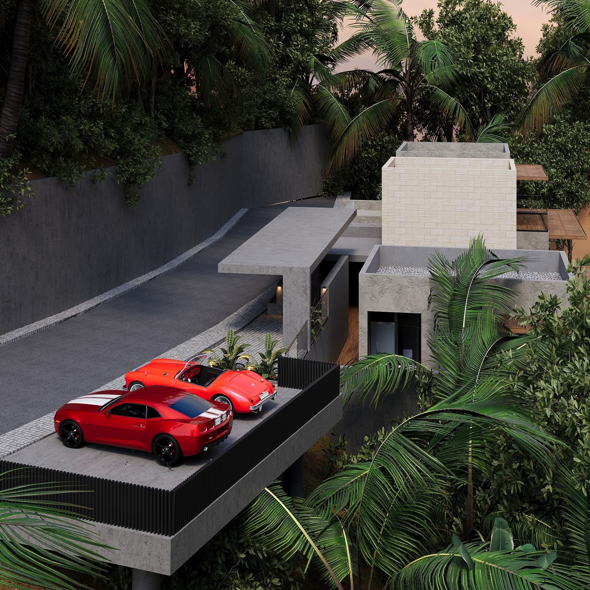 Driveway of Agora Villa, with two luxury cars and a lush tropical setting at A'ila Villas