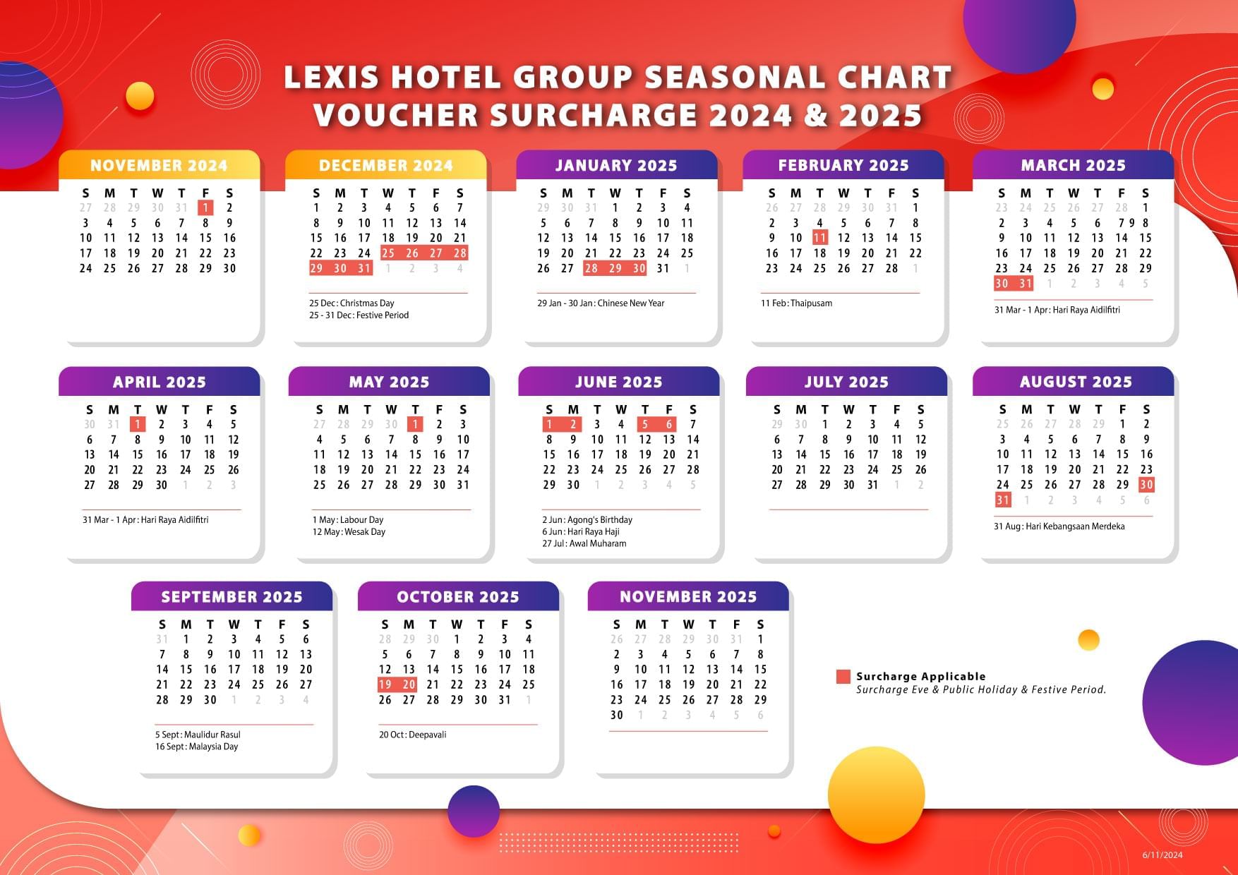 surcharge calendar lexis voucher 2024 & 2025