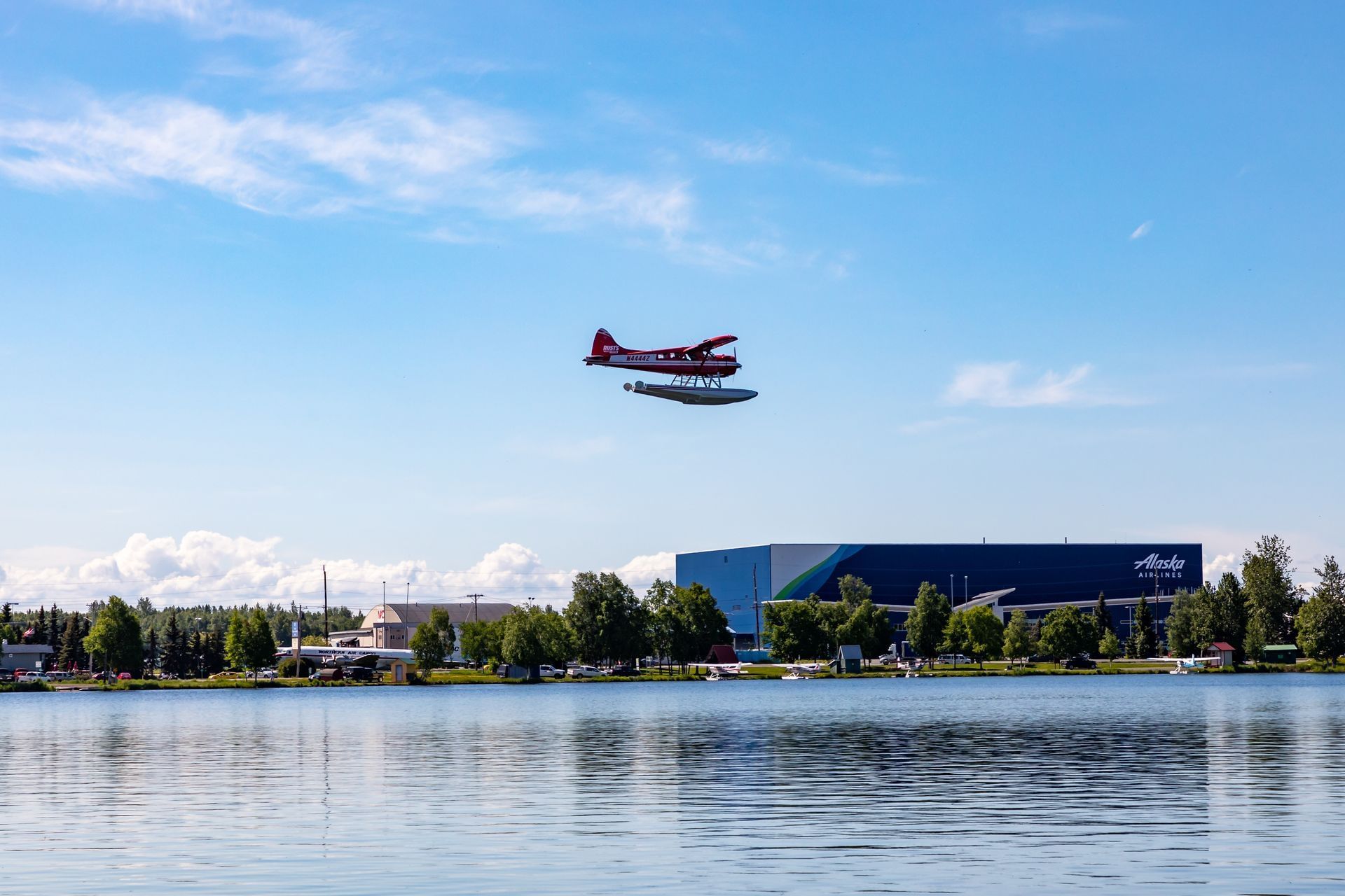 Waterplane flying over water