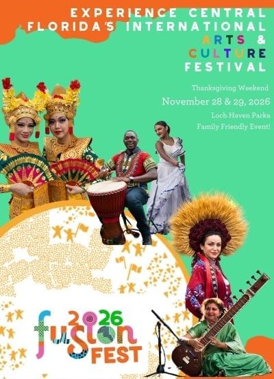 A promotional image for 2026 Fusion Fest in Orlando, with multiple figures in cultural clothing with instruments.