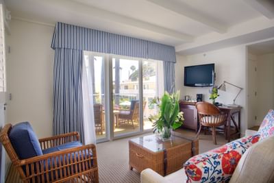 Work desk by TV lounge area in Descanso and Moonstone Suites at Pavilion Hotel Catalina Island