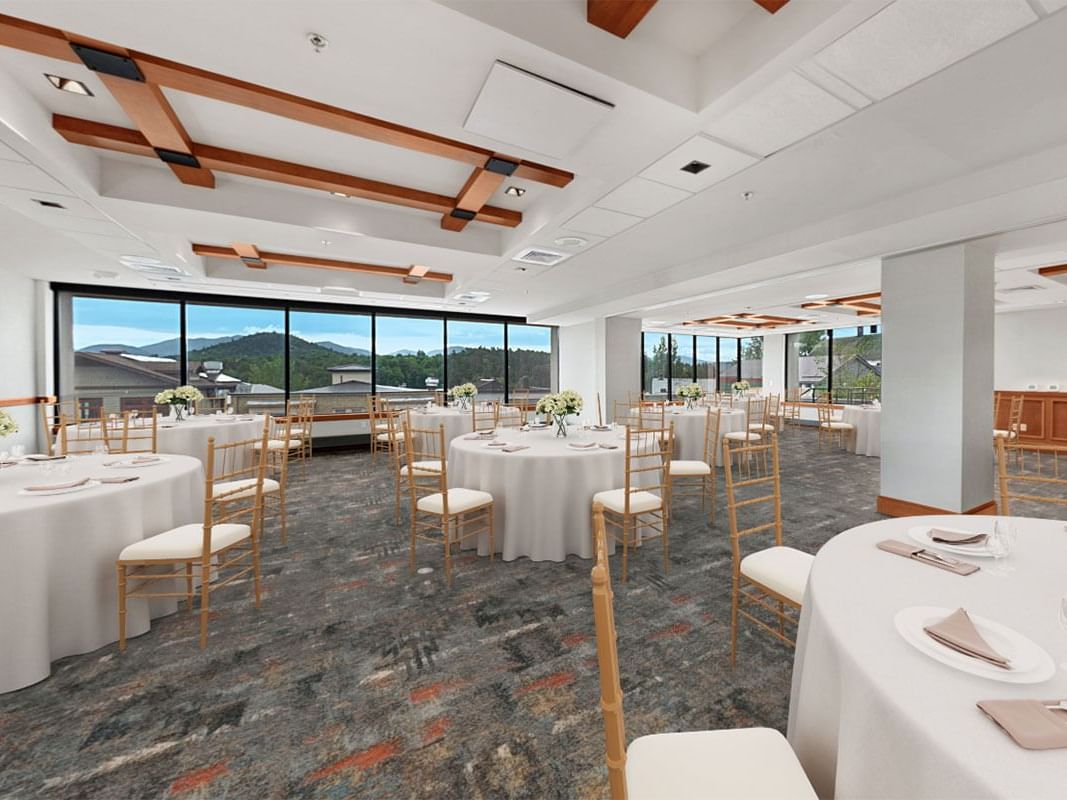 Sentinel Range banquet room with table settings at High Peaks Resort