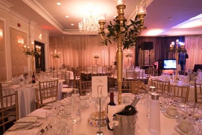 Banquet room set for event.
