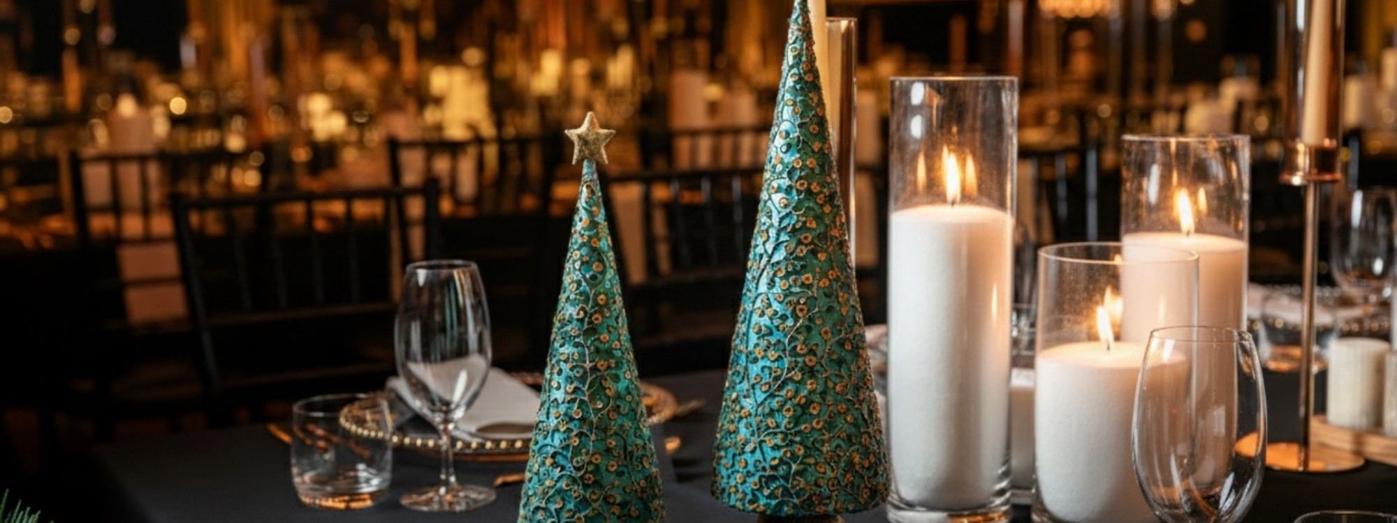 Elegant dining table decorated with teal Christmas trees, white candles, and festive red ribbon for holiday celebrations.