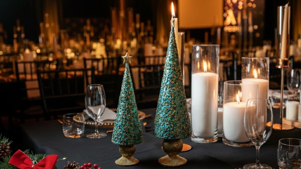 Elegant dining table decorated with teal Christmas trees, white candles, and festive red ribbon for holiday celebrations.