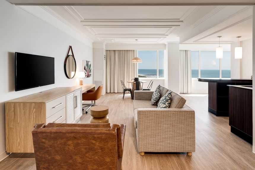 Living area of Oceanfront Premium King Suite with Balcony at Showboat Hotel & Resort