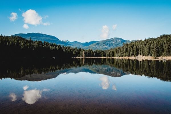 Panoramic view of Lost lake surrounded by lush greenery near Blackcomb Springs Suites