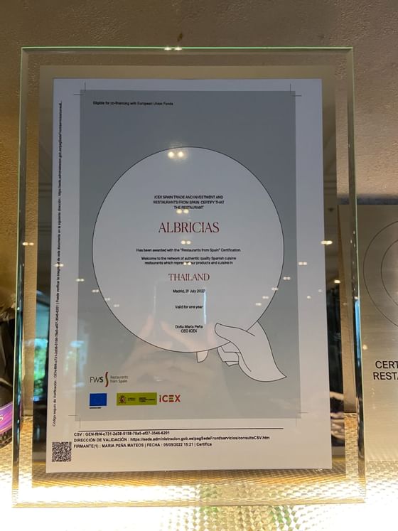 Restaurant from Spain Certification award at Chatrium Sathon