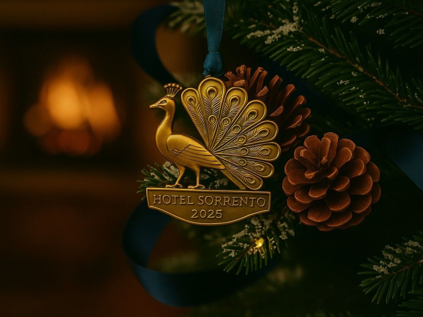 Limited edition Hotel Sorrento ornament hanging from a holiday tree with a fireplace in the background.