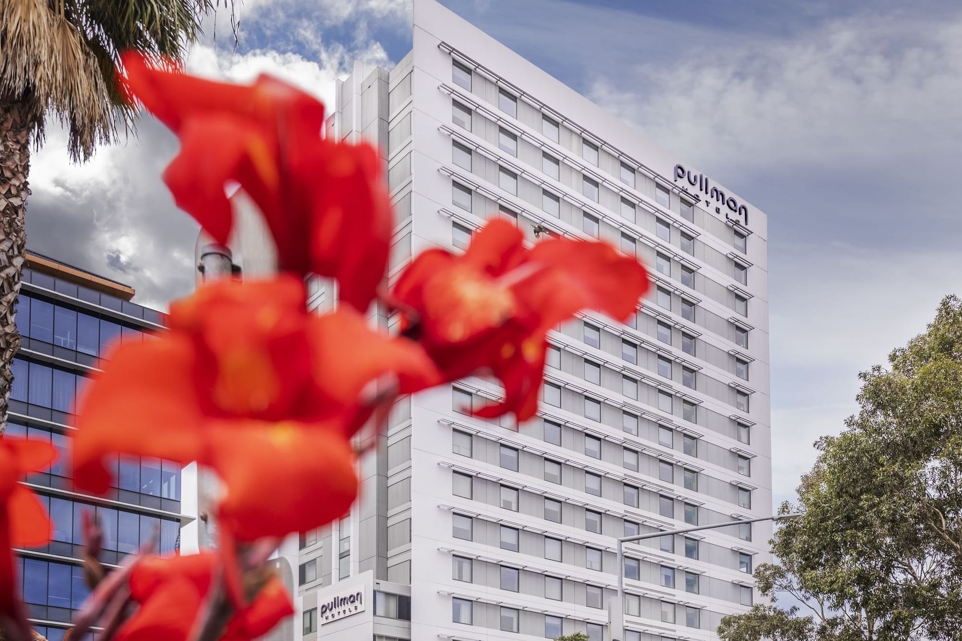 Exterior view of Pullman Sydney Olympic Park surrounded by vibrant red flowers under a cloudy sky
