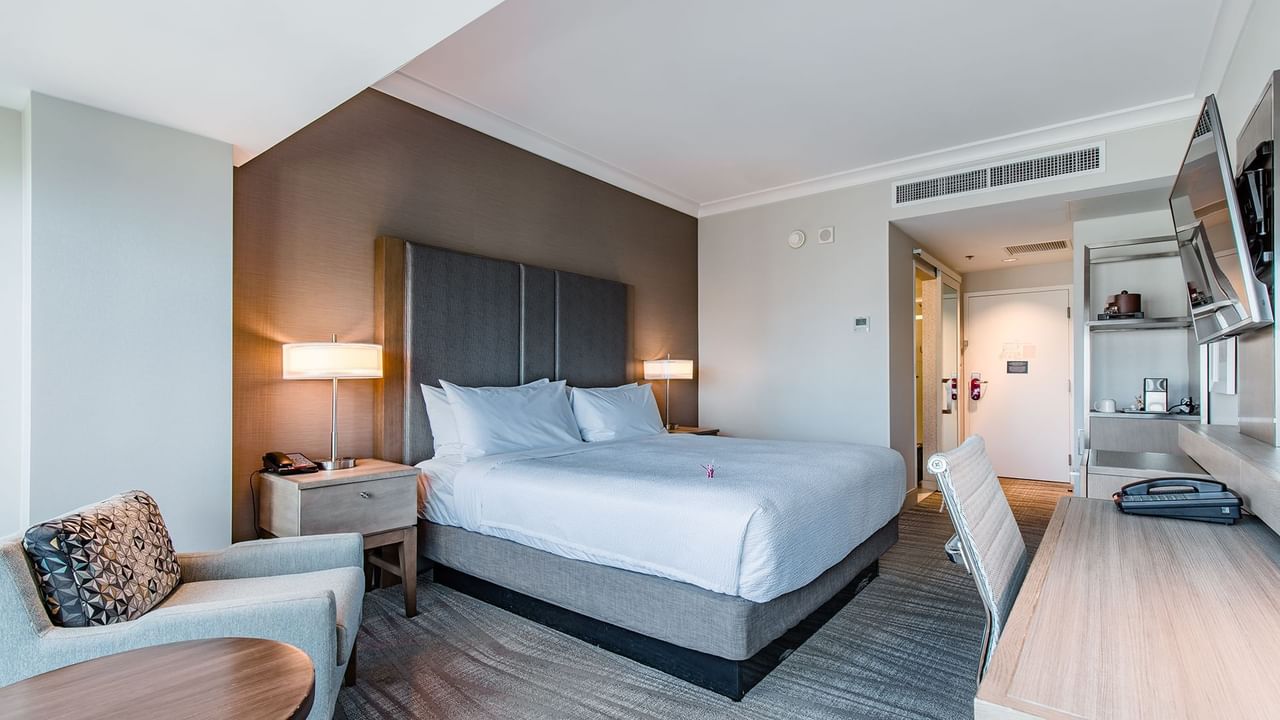 Hotel guestroom with king bed