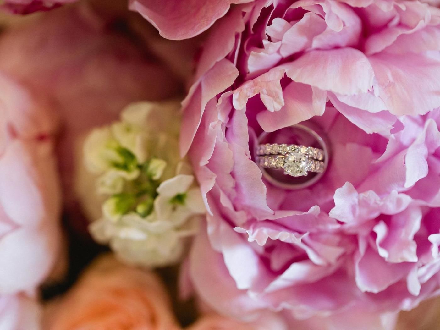 Wedding rings inside a pink rose at FA Hotels & Resorts