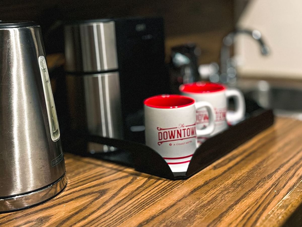 Kettle, mugs, and sink