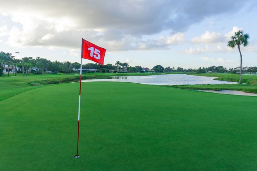 Red flag marking hole 15 on a putting green beside the lake and tall palms in Miami Lakes Golf Club at Miami Lakes Hotel