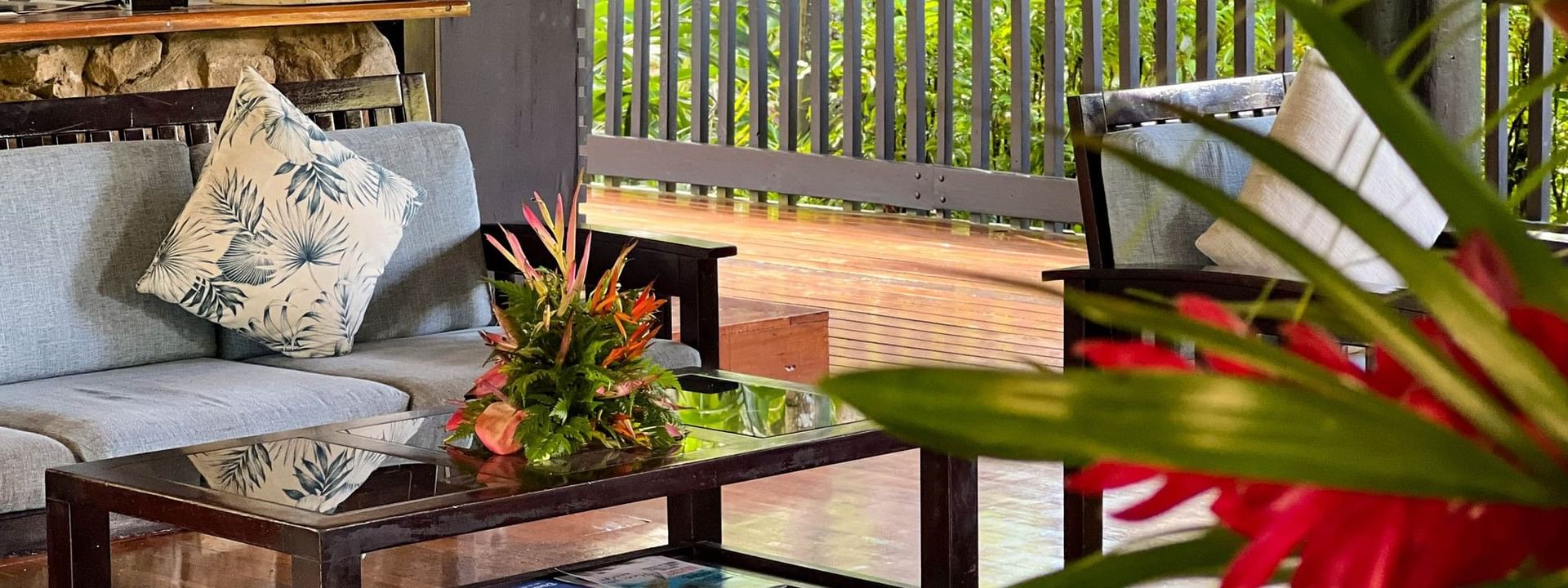 Comfortable outdoor lounge area with tropical decor at The Naviti Resort in Korolevu