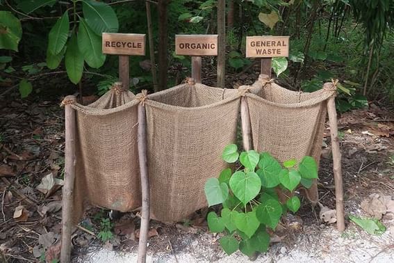 In a wooded area, three waste bags marked with signs at Grand Park Kodhipparu, Maldives