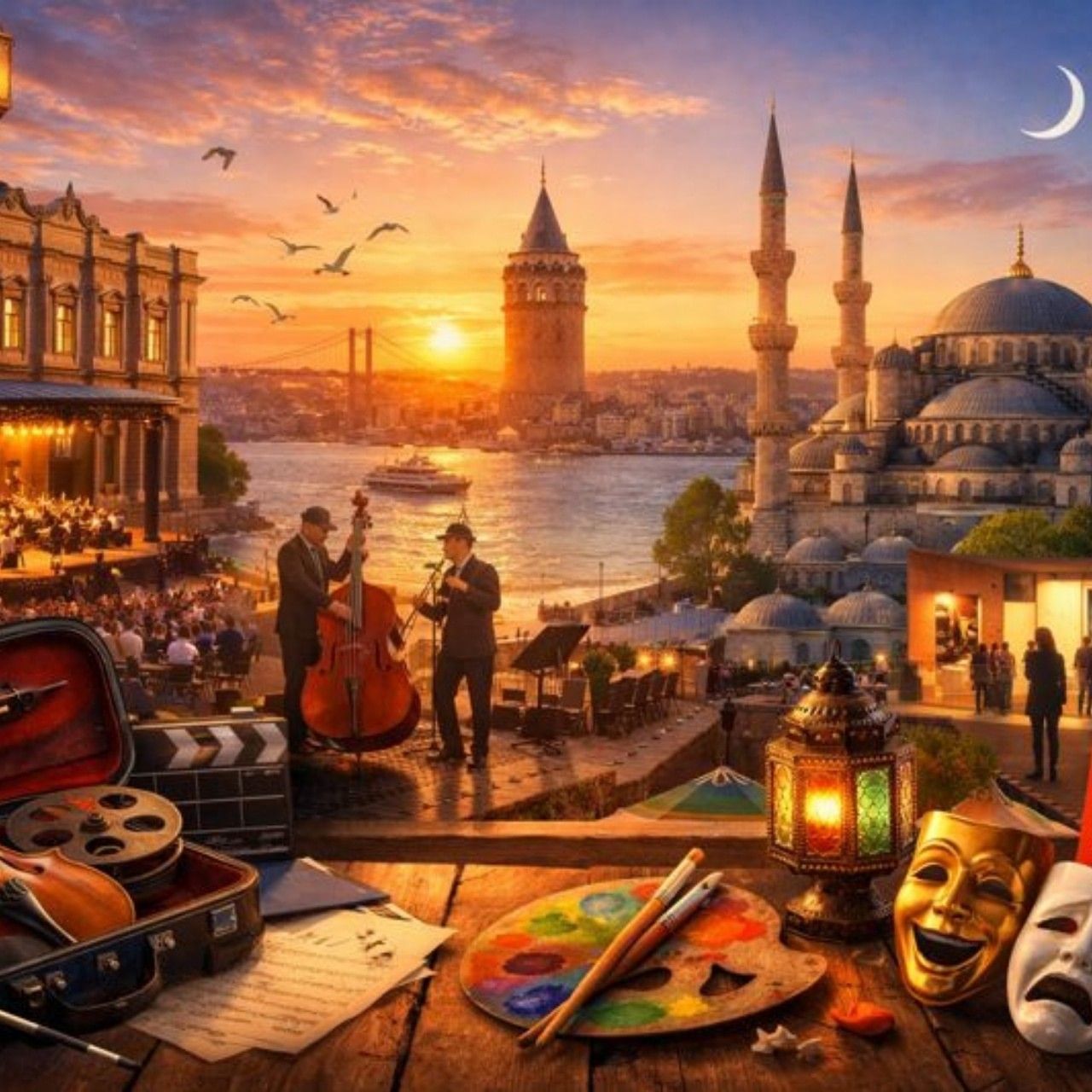 Sunset over Istanbul with musicians, art supplies, and festival bag depicting Cultural Festivals in Istanbul.