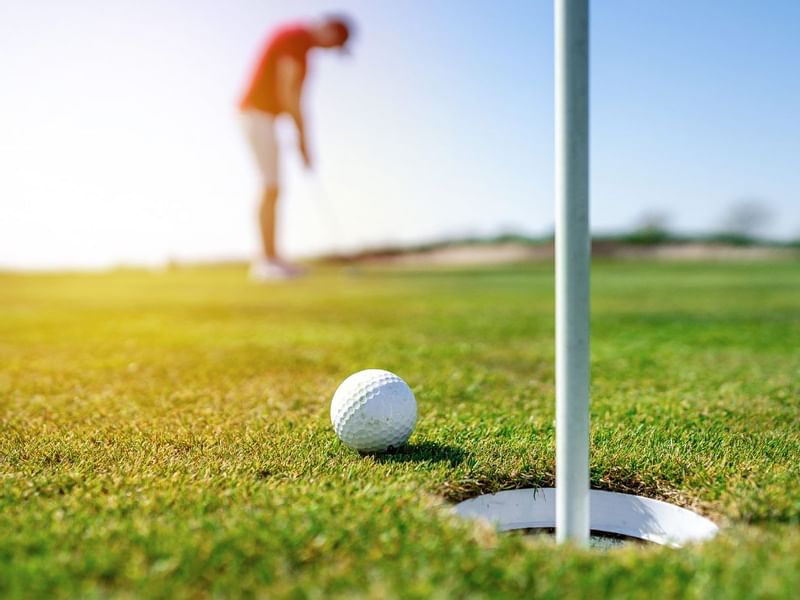 Primer plano de una pelota de golf y un hoyo de golf en Grand Fiesta Americana