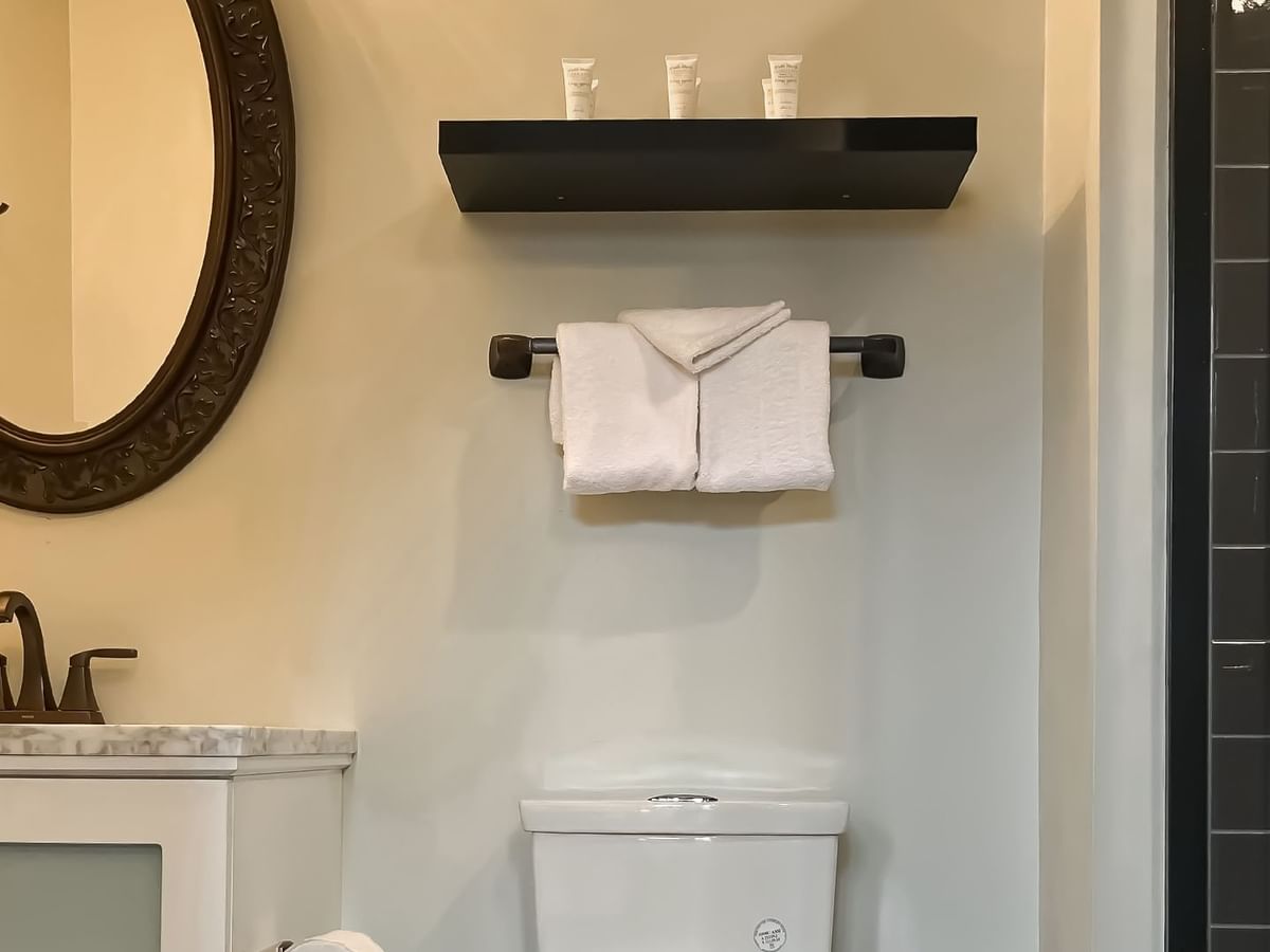 Hotel washroom with toilet, sink, mirror, soap and towels