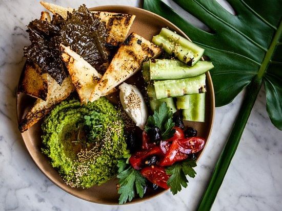 Closeup of a vegan platter served at Blackstone Mountain Lodge