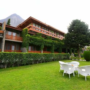 A lounge area outside the Hotel at Gilgit Serena Hotel