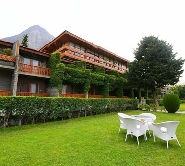 A lounge area outside the Hotel at Gilgit Serena Hotel