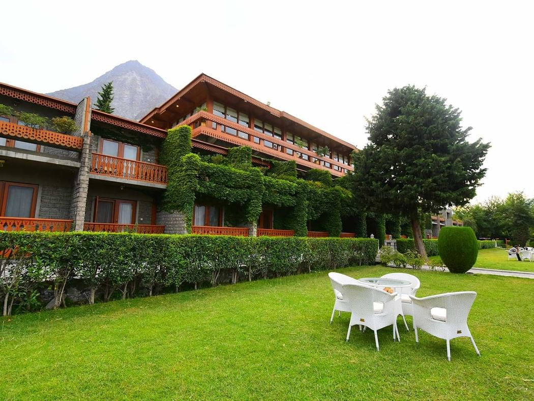 A lounge area outside the Hotel at Gilgit Serena Hotel