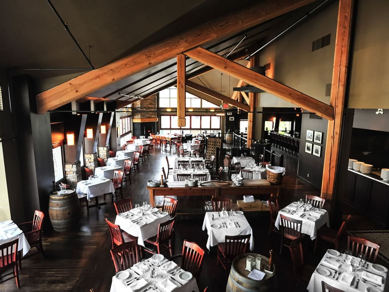 Dining tables arranged in Murrieta's West Coast Grill near Blackstone Mountain Lodge