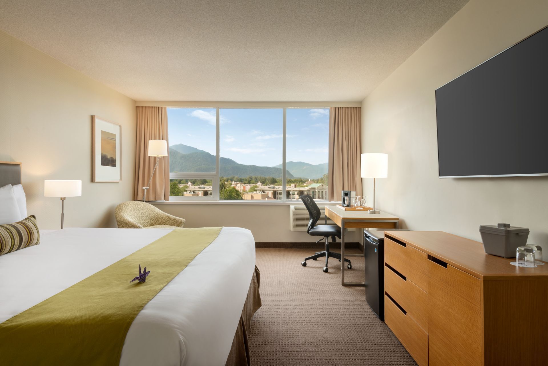 Bed and TV in hotel room with mountain views