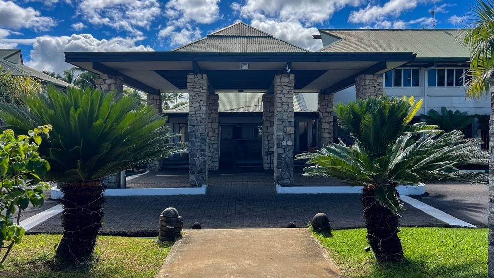 Front entrance of Tokatoka Resort in Nadi with tropical landscape at Tokatoka Resort - Fiji International Airport.