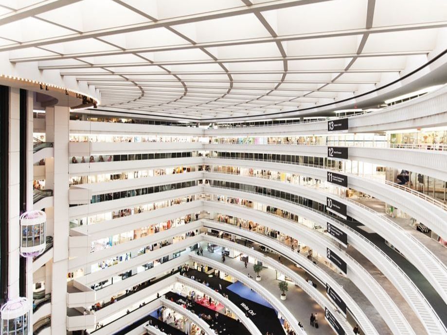 Multilevel shopping plaza near Artmore Hotel