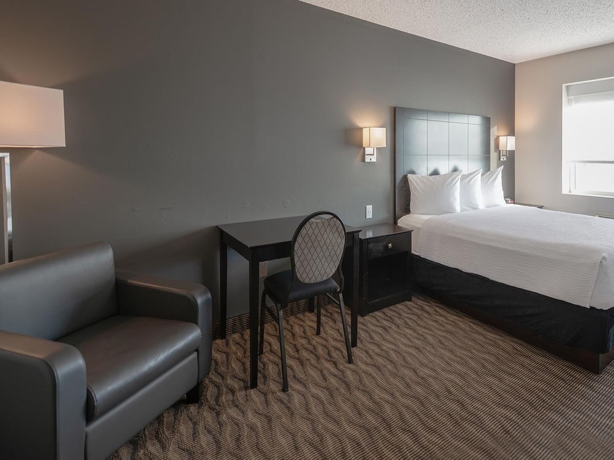 Queen bed with desk and chair in a modern room.