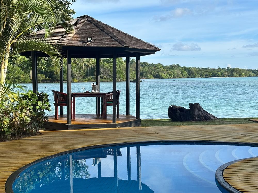Private pool and gazebo by the water at Efate Pool Villa, Warwick Le Lagon - Vanuatu.