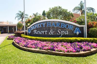 Flowered sign with Safety Harbor Resort & Spa.