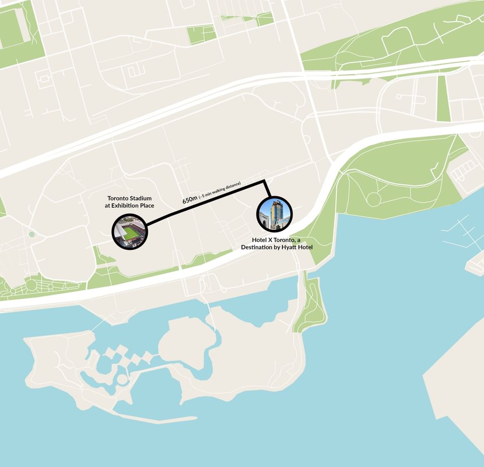 Map marking the 650m walking route between Toronto Stadium and Hotel X Toronto, a Destination by Hyatt Hotel