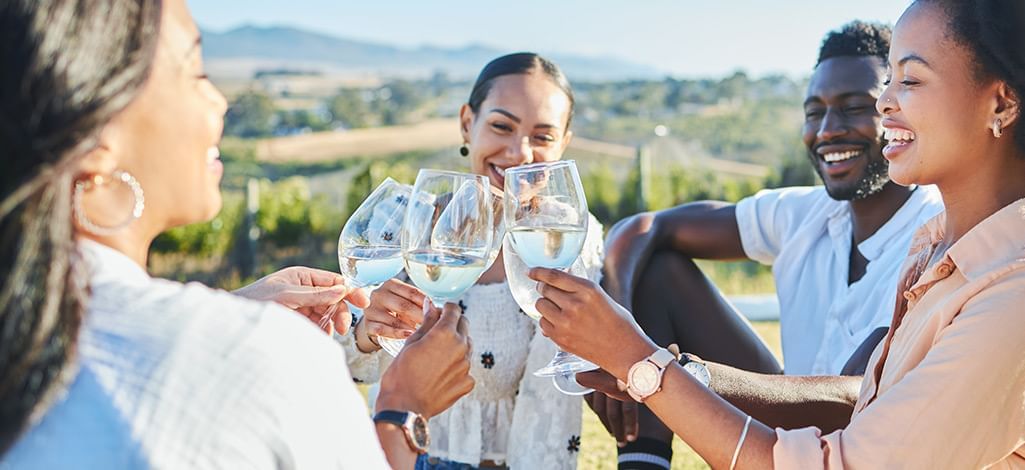 Group of four friends raising wine glasses in a celebratory toas