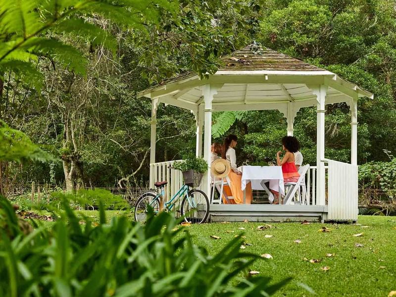 Ladies dining in a gazebo in Firescreek Botanical Winery near Pullman Magenta Shores