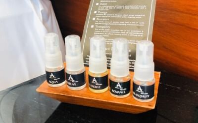 Essence bottles in the hotel room at Live Aqua Resorts