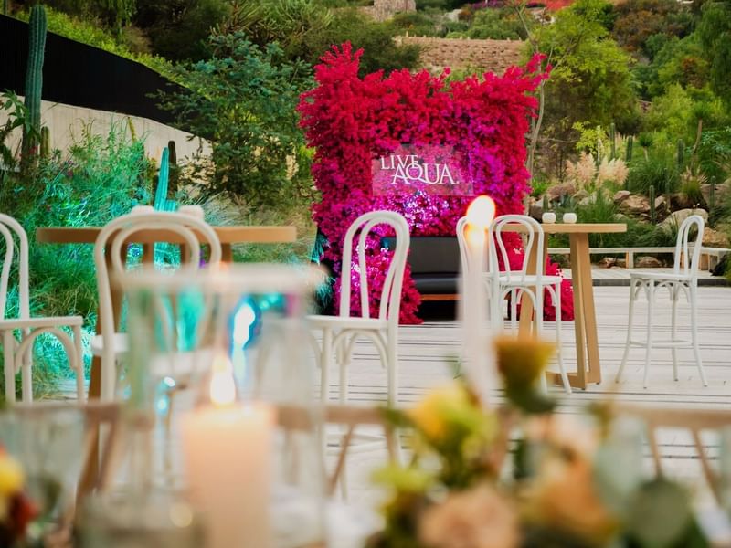 Outdoor setting featuring chairs, wooden tables & bougainvillea backdrop at Live Aqua San Miguel de Allende