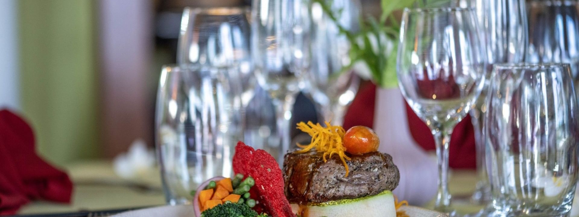 Gourmet steak dinner with steamed vegetables in Wild Ginger Restaurant at warwick le lagon-vanuatu