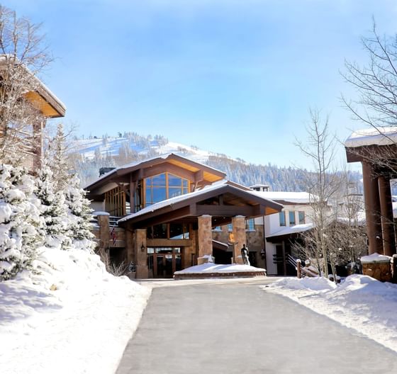 Entrance to Stein Eriksen Lodge in Winter at Chateaux Deer Valley