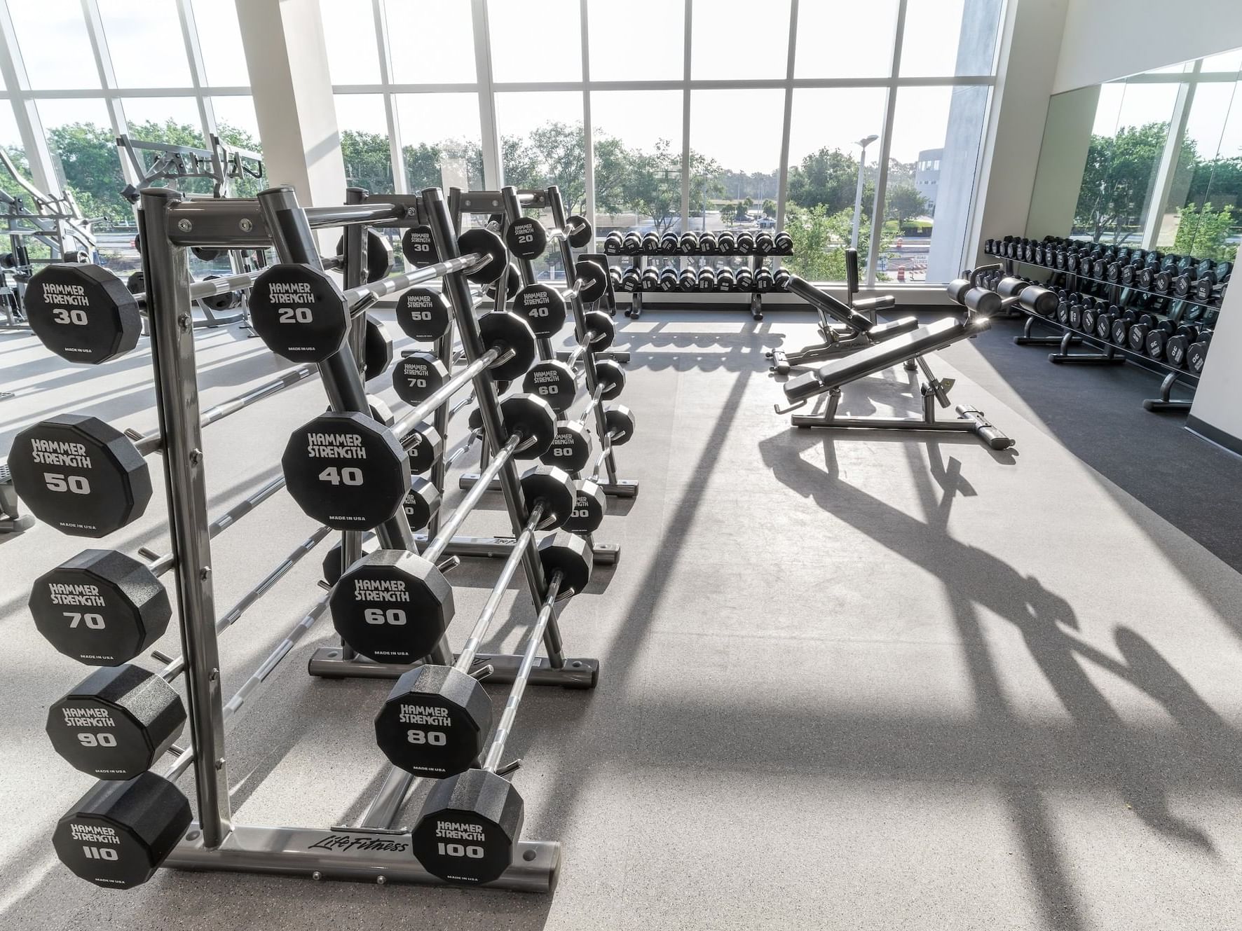 Weight equipment in Arthrex Wellness Center at Innovation Hotel